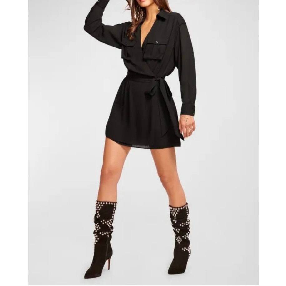 Nwot Ramy Brook Summer Wrap Long-Sleeve Mini Dress In Black Sz Xxs